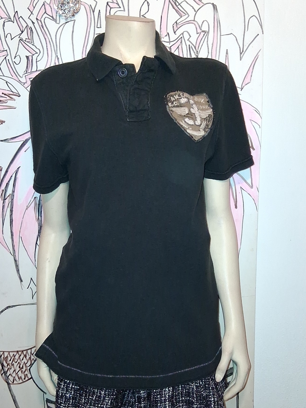 American Eagle Outfitters Black Polo with Camo Heart Patch